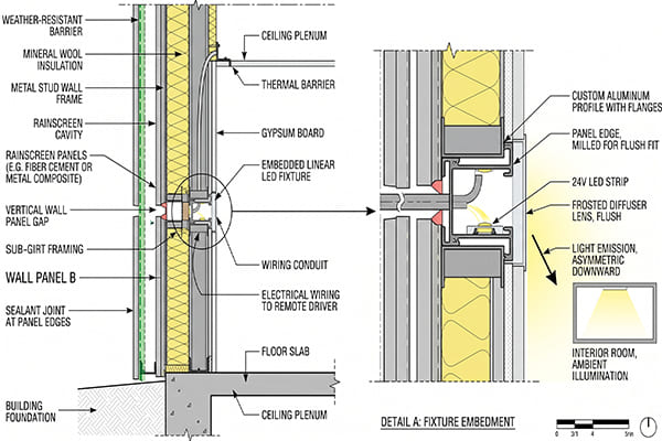 Cross-section showing a light fixture embedded within a building's wall panel gap